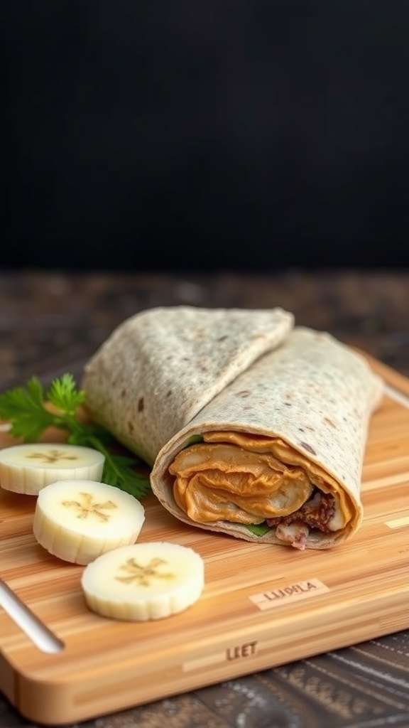 A peanut butter banana wrap on a wooden cutting board, with sliced bananas beside it.