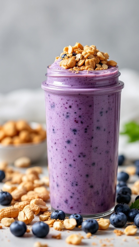 A peanut butter blueberry protein smoothie topped with crunchy peanuts.