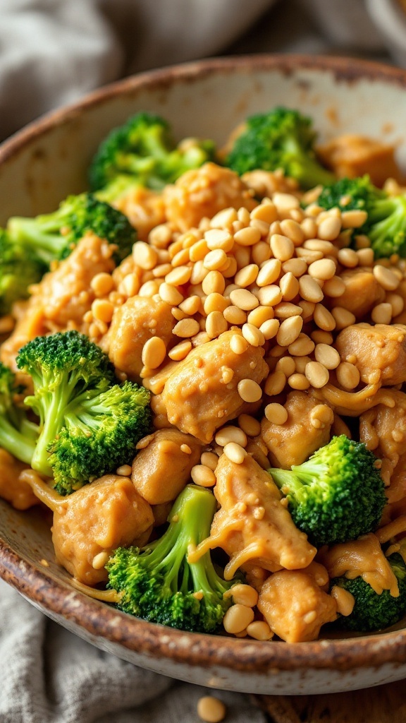 A bowl of peanut butter chicken with broccoli and pine nuts.