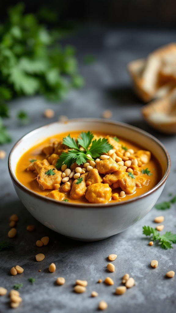 A bowl of peanut butter chicken curry garnished with cilantro and peanuts.