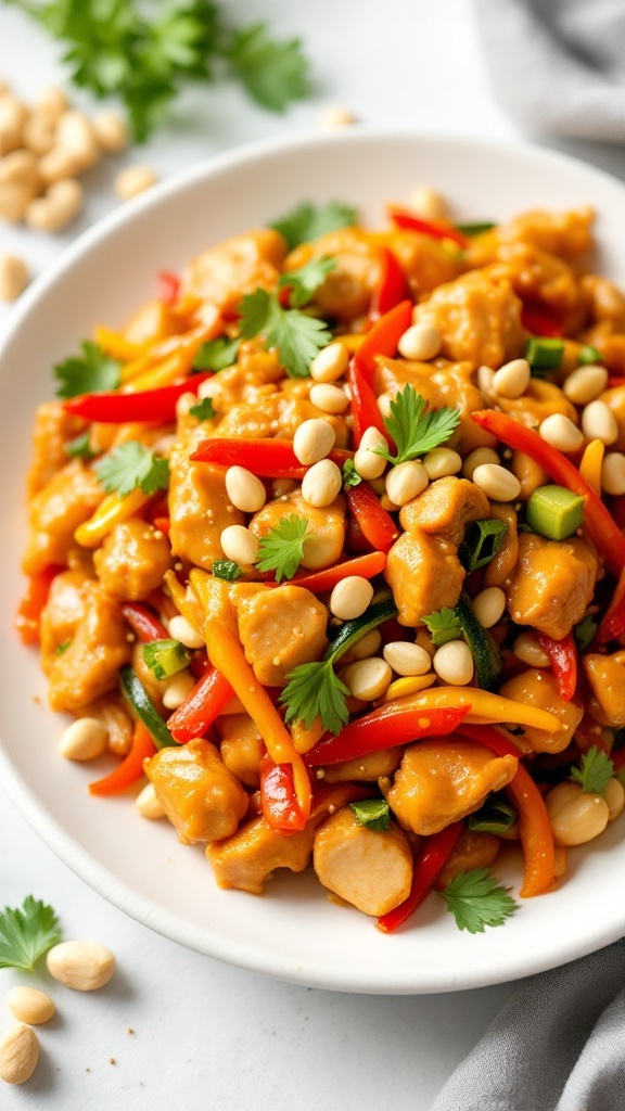 A colorful dish of peanut butter chicken stir-fry with vegetables and peanuts.