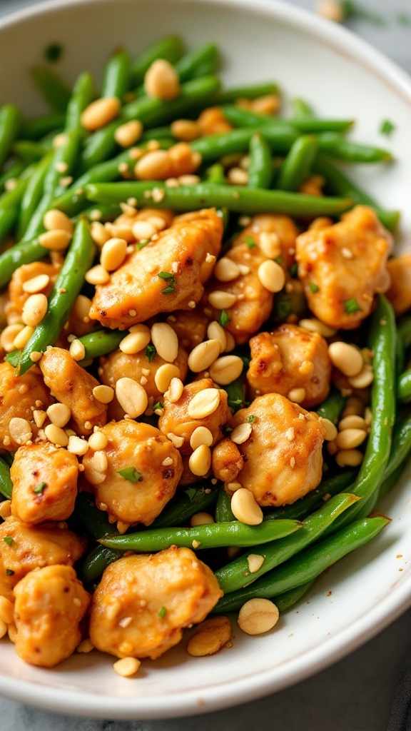 A delicious plate of peanut chicken with green beans topped with peanuts