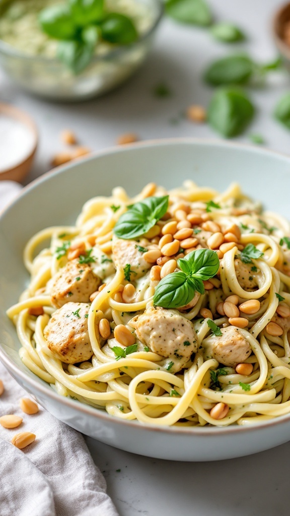 A bowl of Pesto Chicken Alfredo pasta topped with pine nuts and fresh basil.