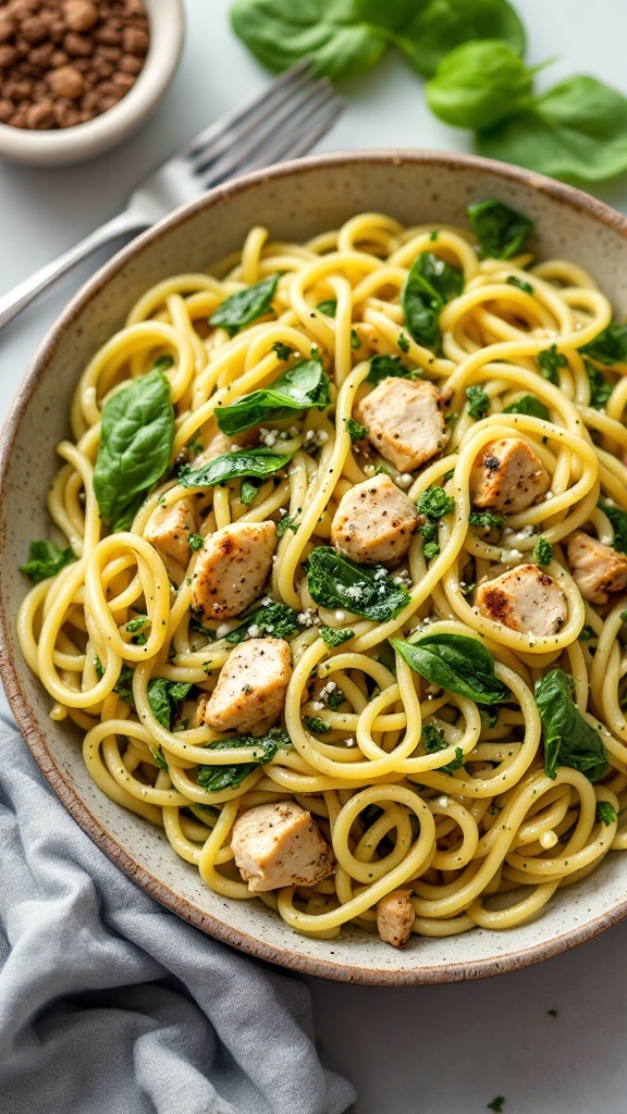 A bowl of Pesto Chicken Alfredo with Spinach, featuring creamy pasta, diced chicken, and fresh spinach.