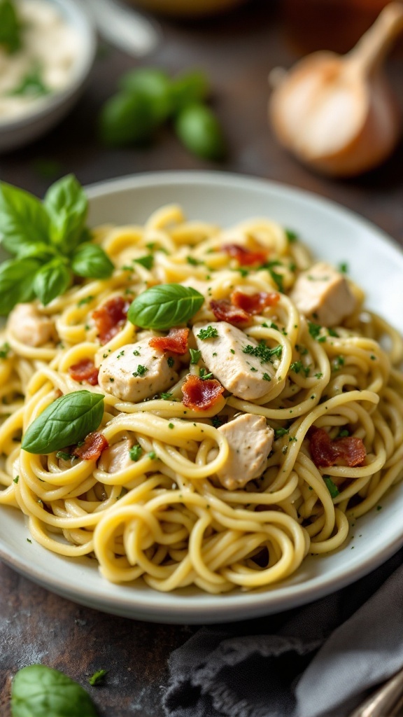 A delicious plate of Pesto Chicken and Bacon Alfredo pasta garnished with basil.