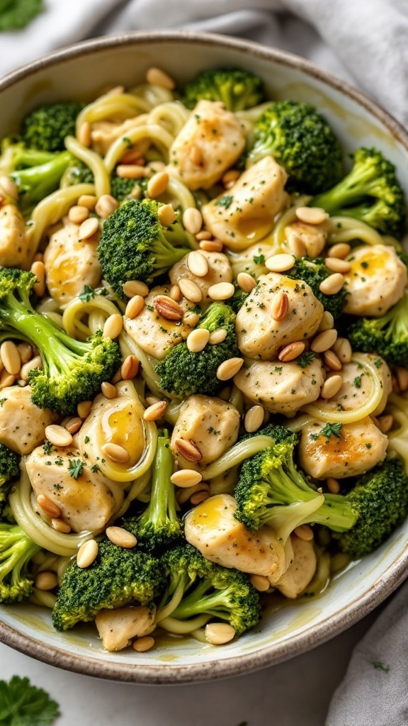 A bowl of Pesto Chicken and Broccoli Alfredo with pine nuts