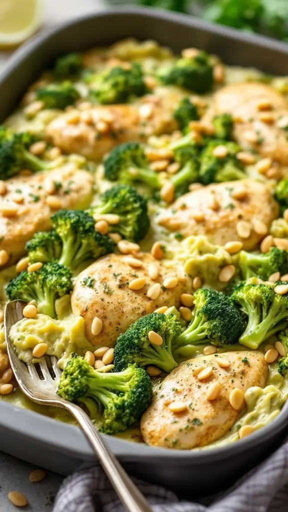 A delicious pesto chicken and broccoli alfredo bake topped with cheese and pine nuts.