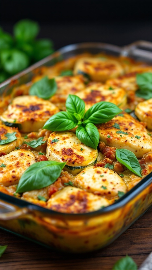 A delicious pesto chicken and zucchini bake with melted cheese on top