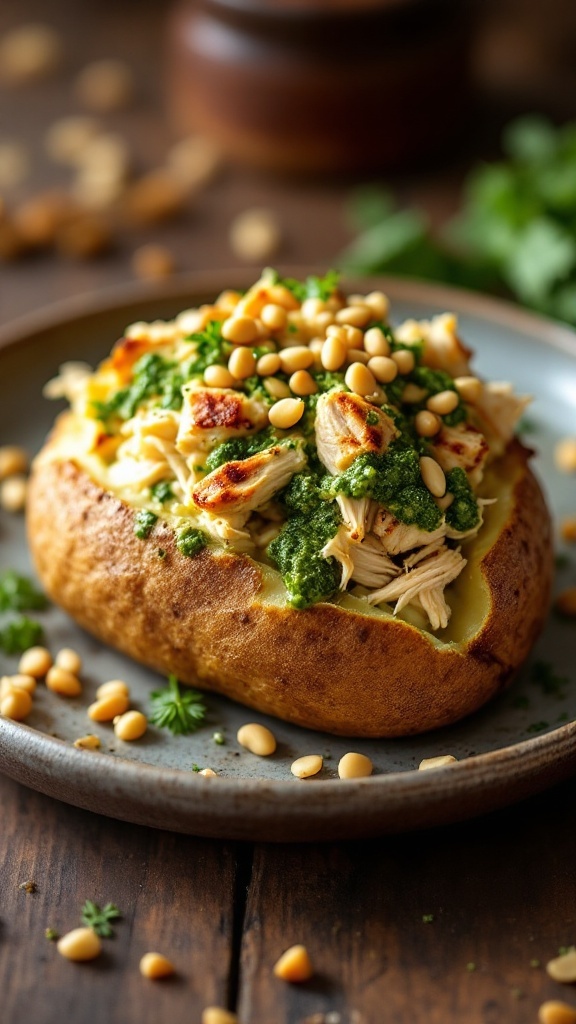 A delicious Pesto Chicken Baked Potato topped with shredded chicken, pesto, pine nuts, and parsley.