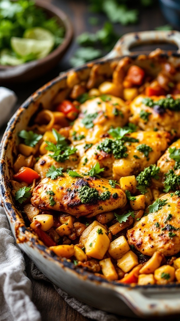 A colorful casserole dish filled with chicken, bell peppers, and cheese