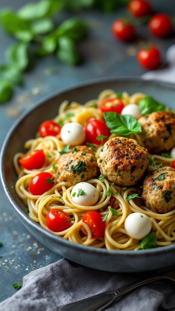 A delicious bowl of Pesto Chicken Meatball Caprese Pasta