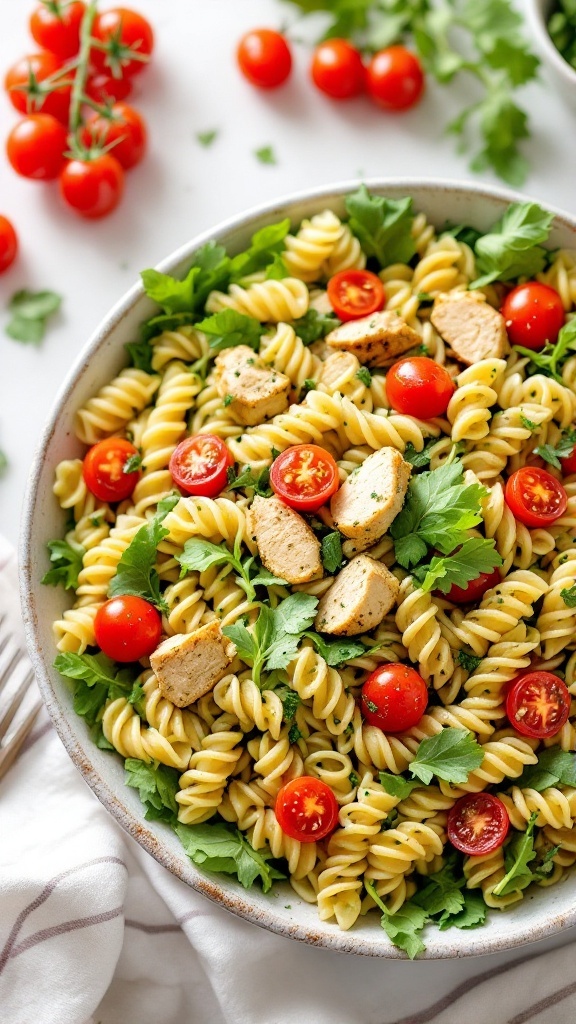 A vibrant bowl of Pesto Chicken Pasta Salad with chicken, pasta, cherry tomatoes, and arugula.