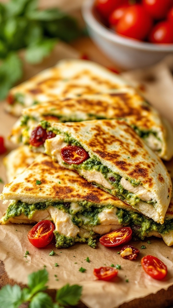 Pesto Chicken Quesadilla with melted cheese and cherry tomatoes