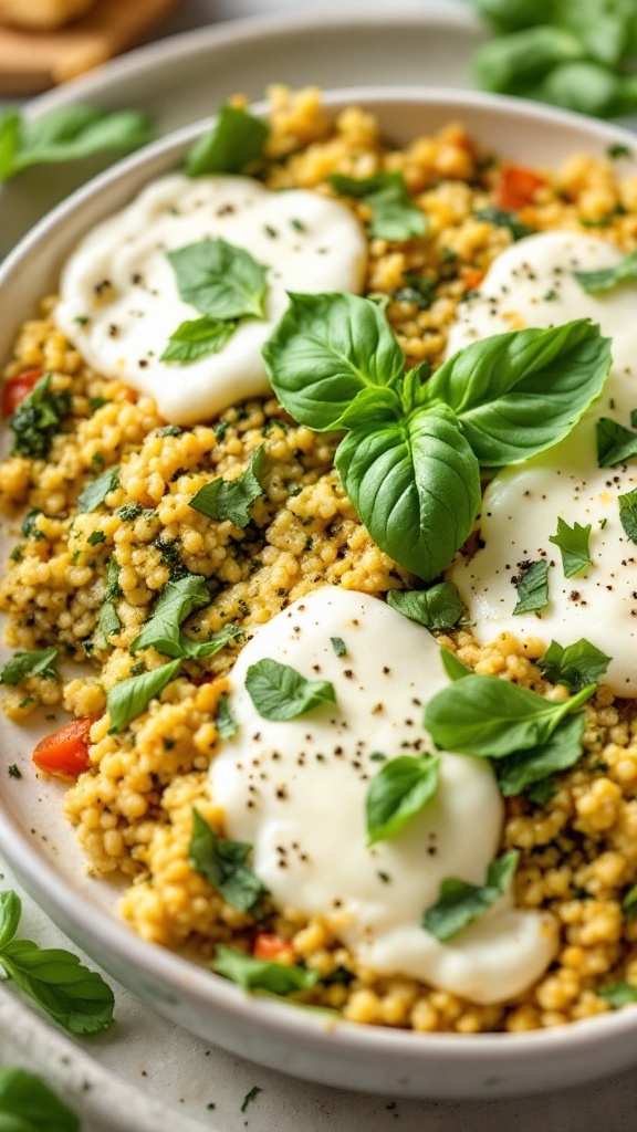 A delicious pesto chicken quinoa bake topped with fresh basil.