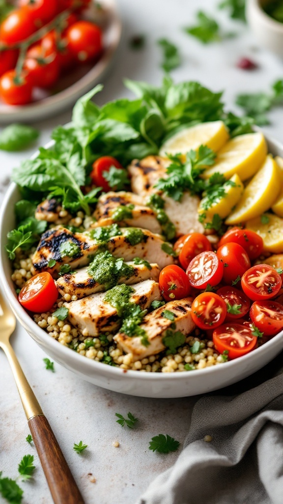 Pesto Chicken Quinoa Bowl with grilled chicken, cherry tomatoes, and mixed greens