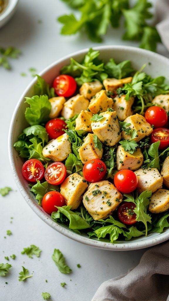 Pesto Chicken Salad with chicken, cherry tomatoes, and greens in a bowl.