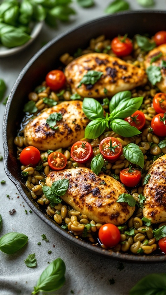 A dish of pesto chicken breasts topped with fresh basil and cherry tomatoes.