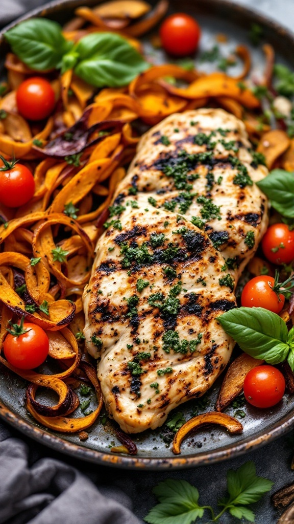 Pesto chicken served with sweet potato ribbons and cherry tomatoes