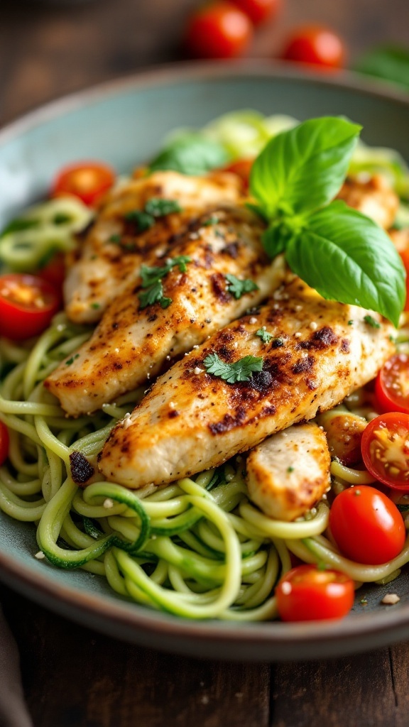 A delicious plate of Pesto Chicken Zoodles featuring spiralized zucchini and grilled chicken.