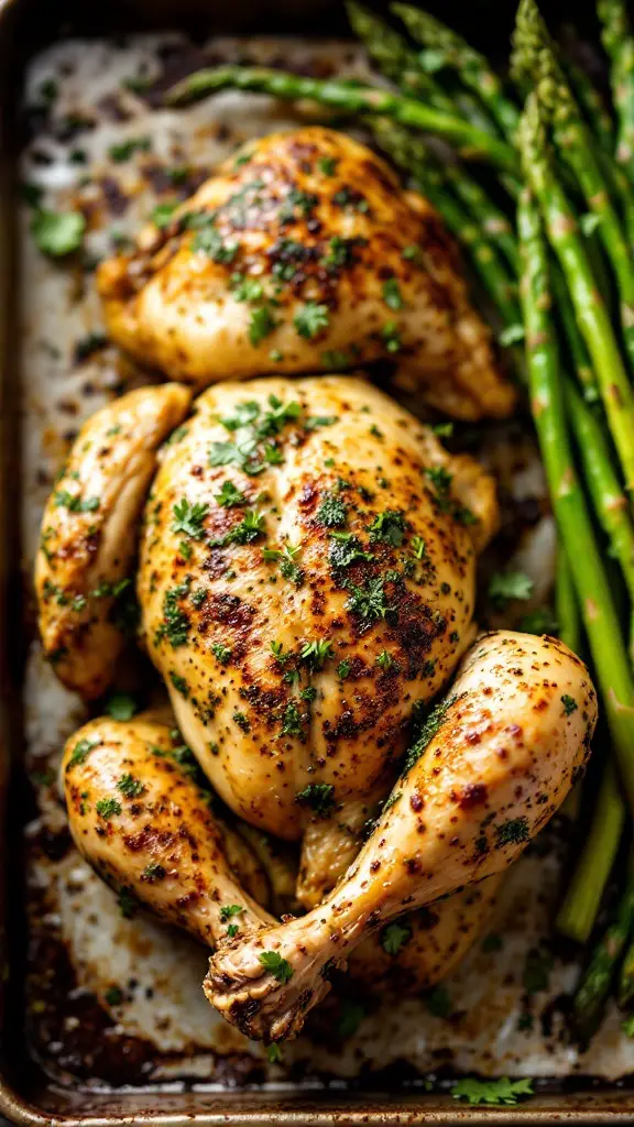 A beautifully roasted chicken with pesto and asparagus beside it.