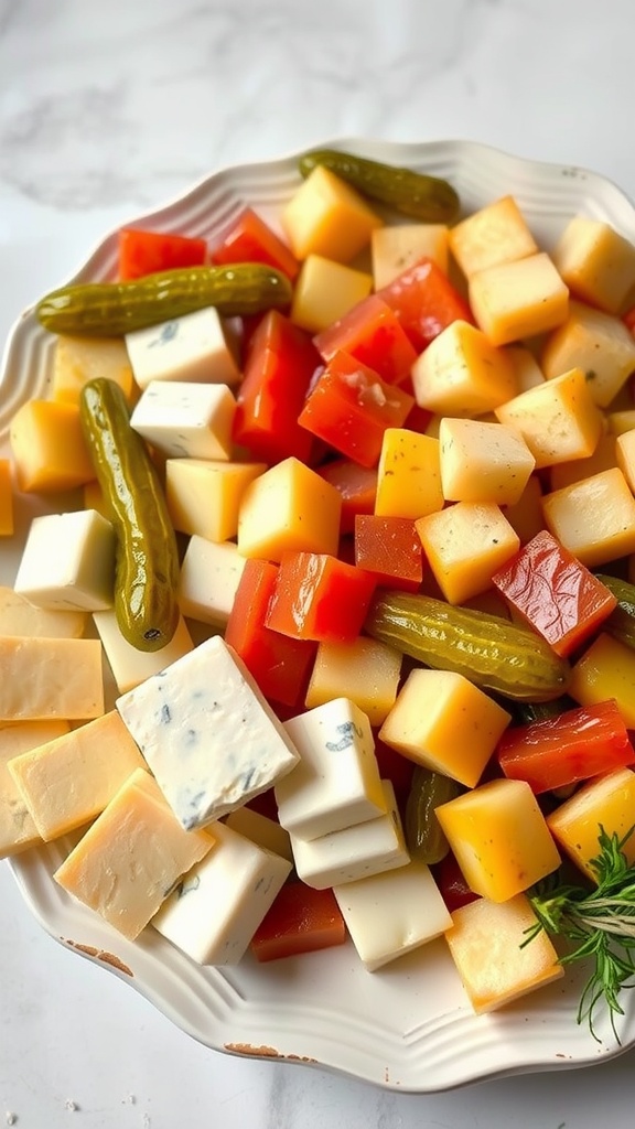 A colorful snack plate featuring various cheeses and pickles.