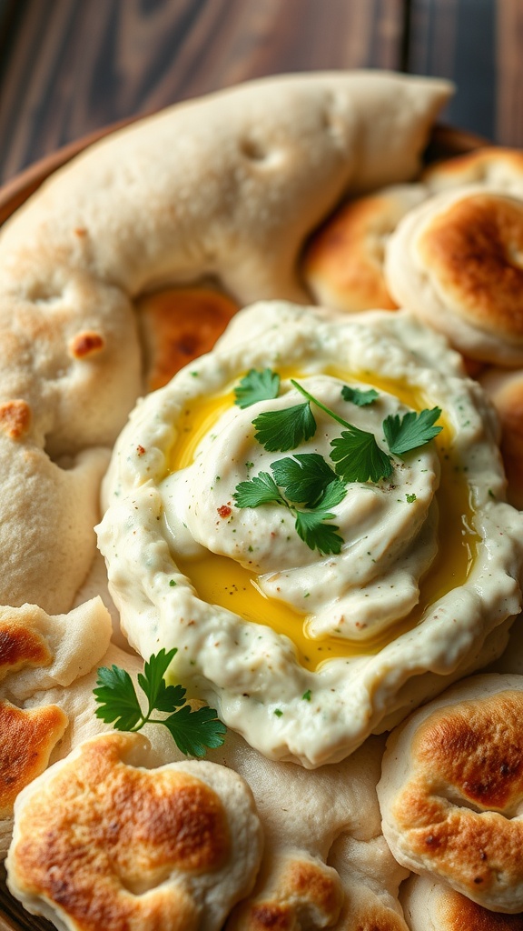 Pita bread served with creamy baba ganoush, garnished with parsley.