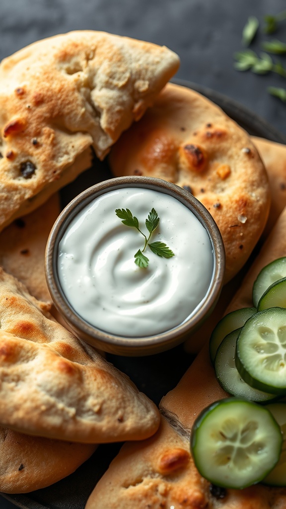 A plate of pita bread alongside a bowl of tzatziki sauce and sliced cucumbers.