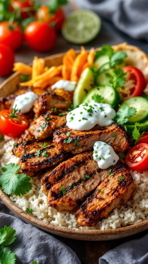 A delicious Pork Gyro Bowl with grilled pork, fresh vegetables, and creamy sauce.