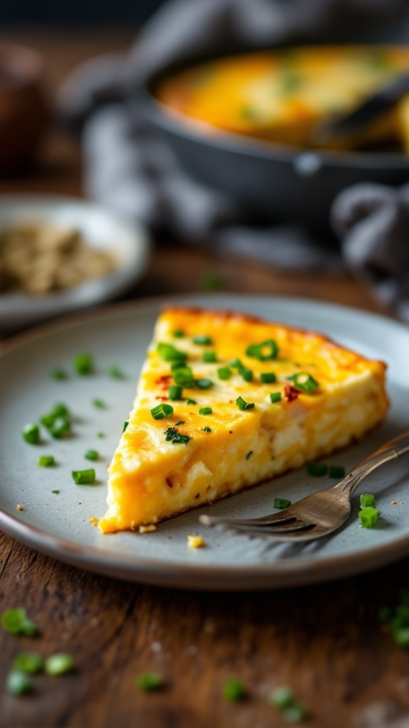 A slice of potato and cheddar frittata garnished with green onions on a plate.