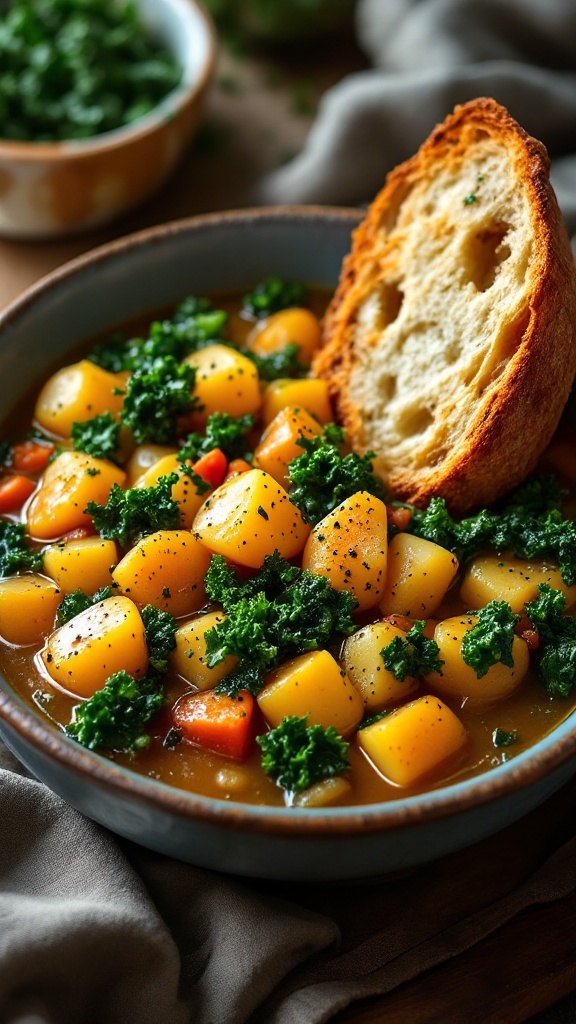 A hearty bowl of potato and kale stew garnished with fresh vegetables and served with bread.