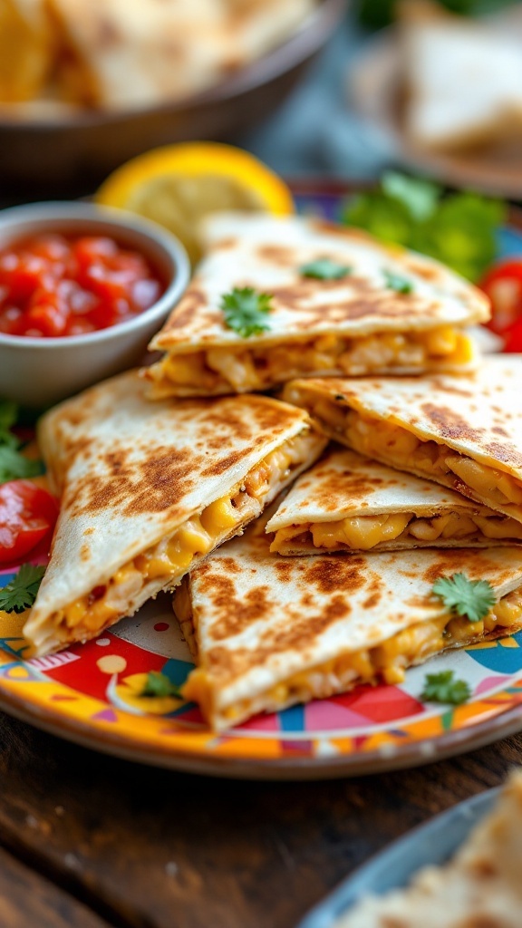 Quick chicken quesadillas on a colorful plate with salsa on the side.