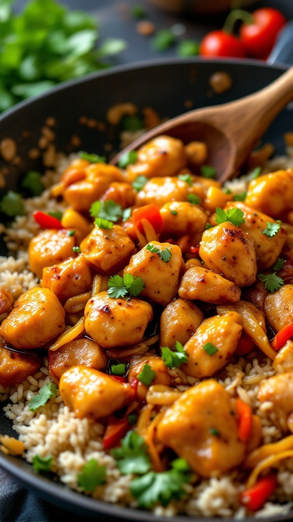 A delicious chicken stir-fry dish with colorful vegetables and a glossy sauce, served over rice.