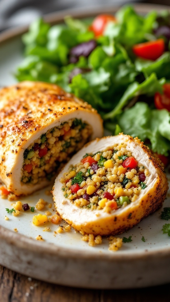 A plate with quinoa-stuffed chicken breast and a side salad.