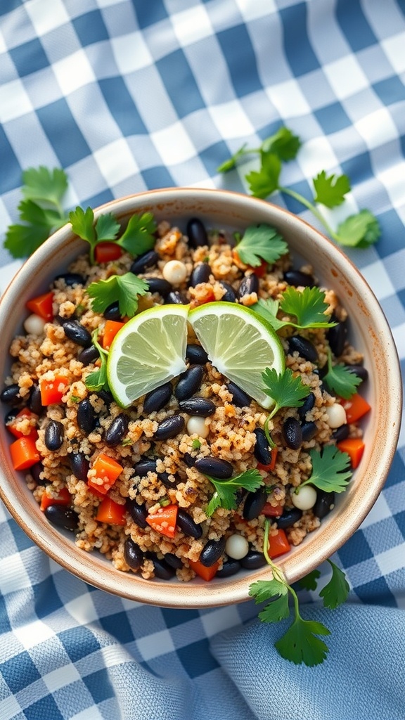 A bowl of quinoa and black bean salad with lime slices and fresh cilantro on a blue checkered tablecloth.