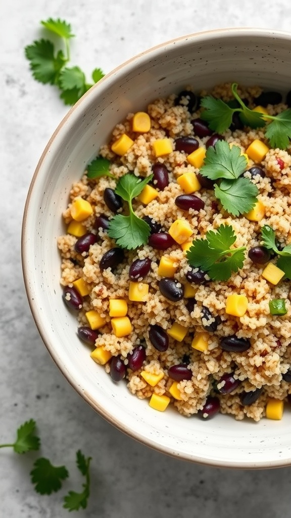 A bowl of quinoa and black bean salad with corn and cilantro.