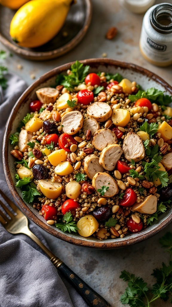 A colorful quinoa chicken salad with roasted vegetables and herbs.