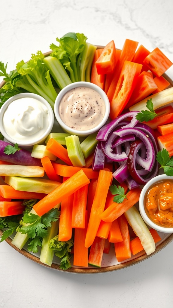 A colorful raw veggie platter featuring carrot sticks, celery, and bell pepper slices, accompanied by various dips.