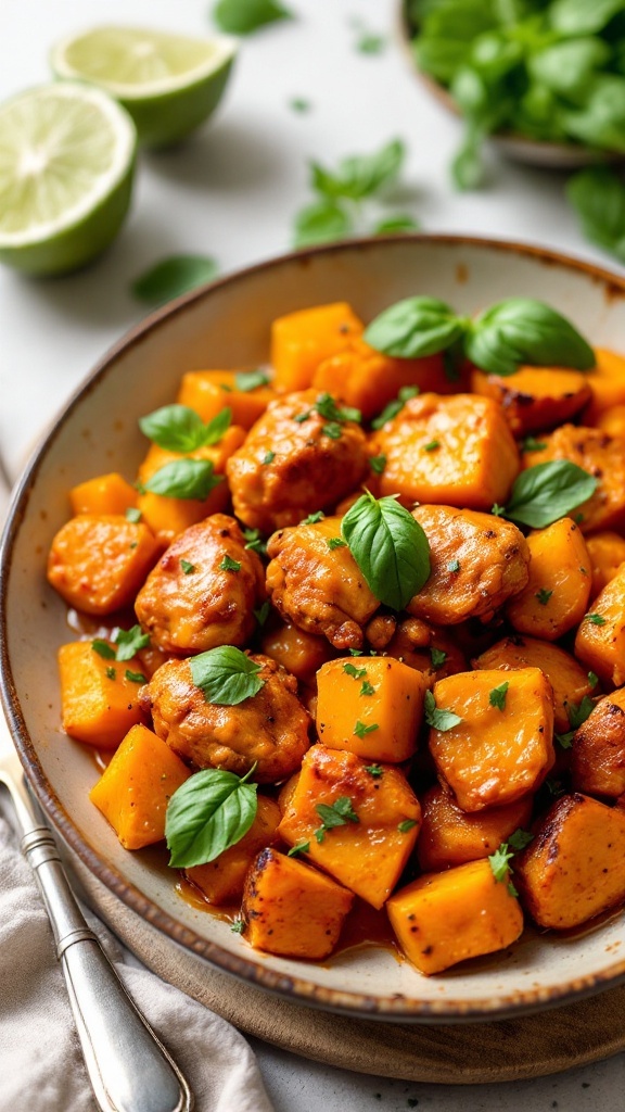 A delicious red curry chicken dish with roasted sweet potatoes garnished with fresh herbs.