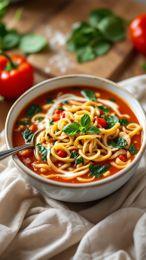 A bowl of Red Pepper and Spinach Chicken Noodle Soup, garnished with fresh herbs.