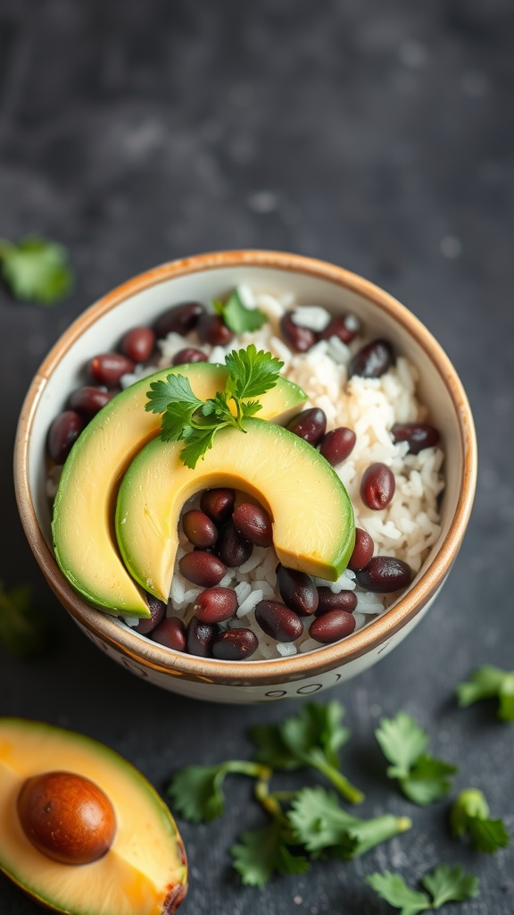 A rice and bean bowl with black beans, avocado slices, and cilantro on a dark background.