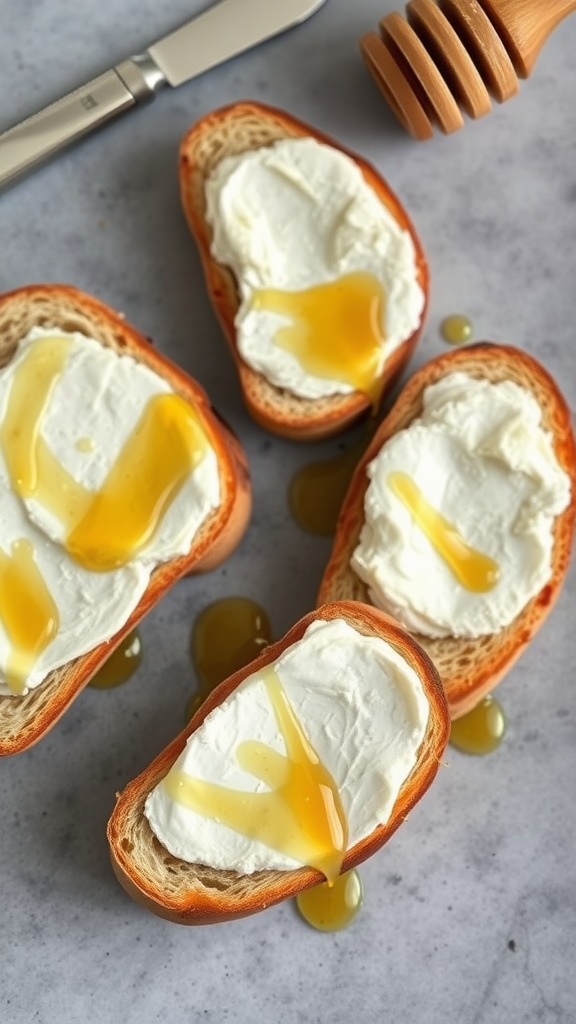 Slices of bread topped with ricotta cheese and honey, with a knife and honey dipper beside them.