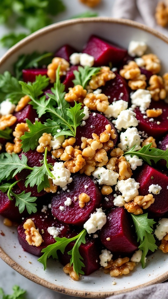 A vibrant bowl of roasted beets, feta cheese, walnuts, and greens, drizzled with dressing.