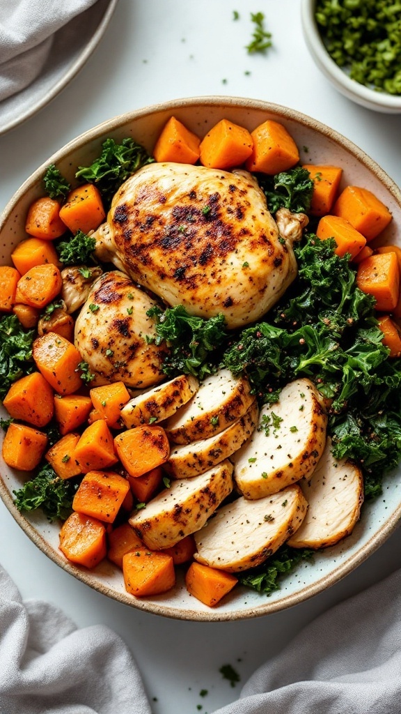 A bowl featuring roasted chicken, kale, and sweet potatoes arranged beautifully.