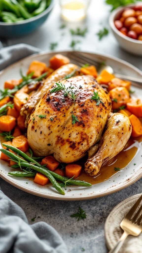 Roasted chicken with sweet potatoes on a platter