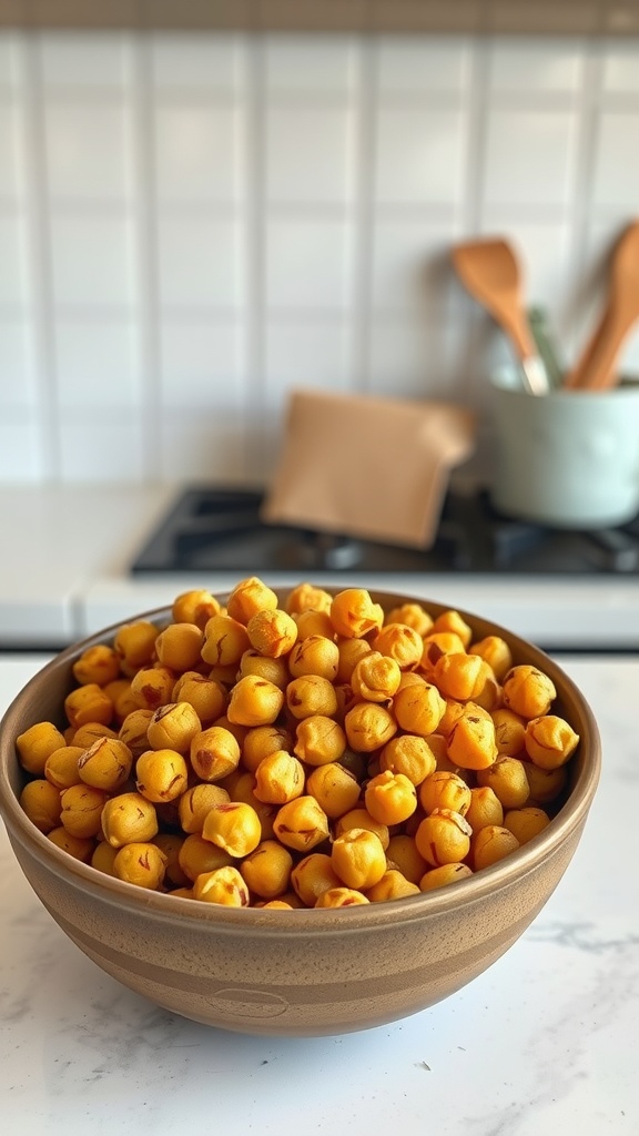 A bowl filled with roasted chickpeas on a kitchen countertop.