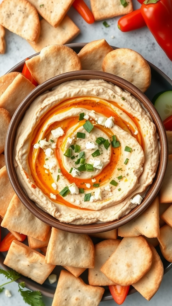 A bowl of roasted red pepper and feta dip surrounded by pita chips and fresh vegetables.