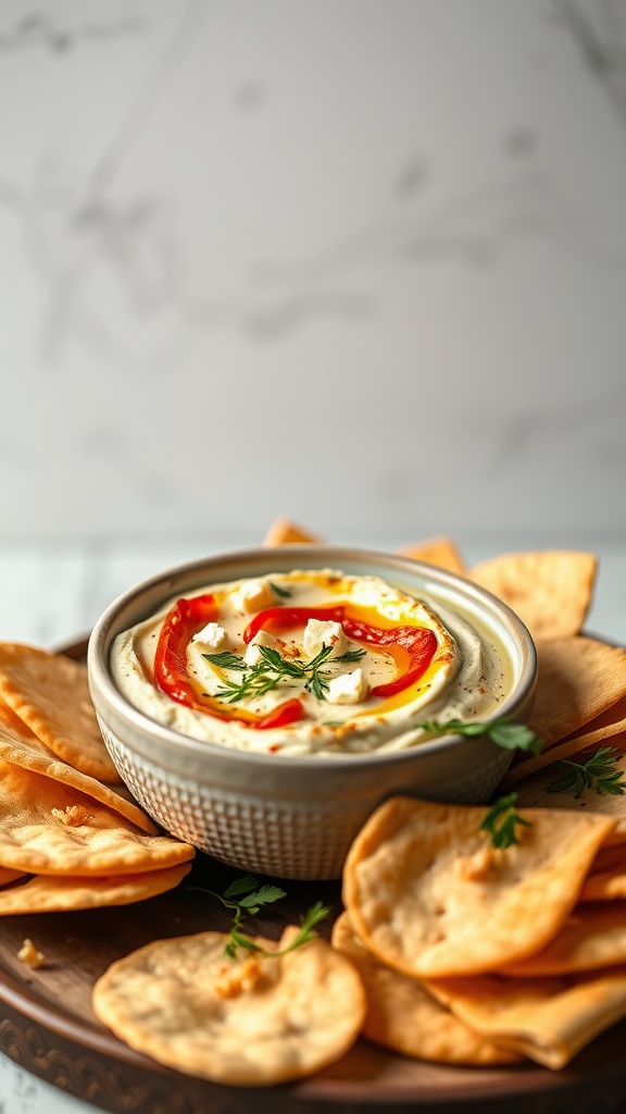 A bowl of roasted red pepper and feta dip surrounded by crispy pita chips