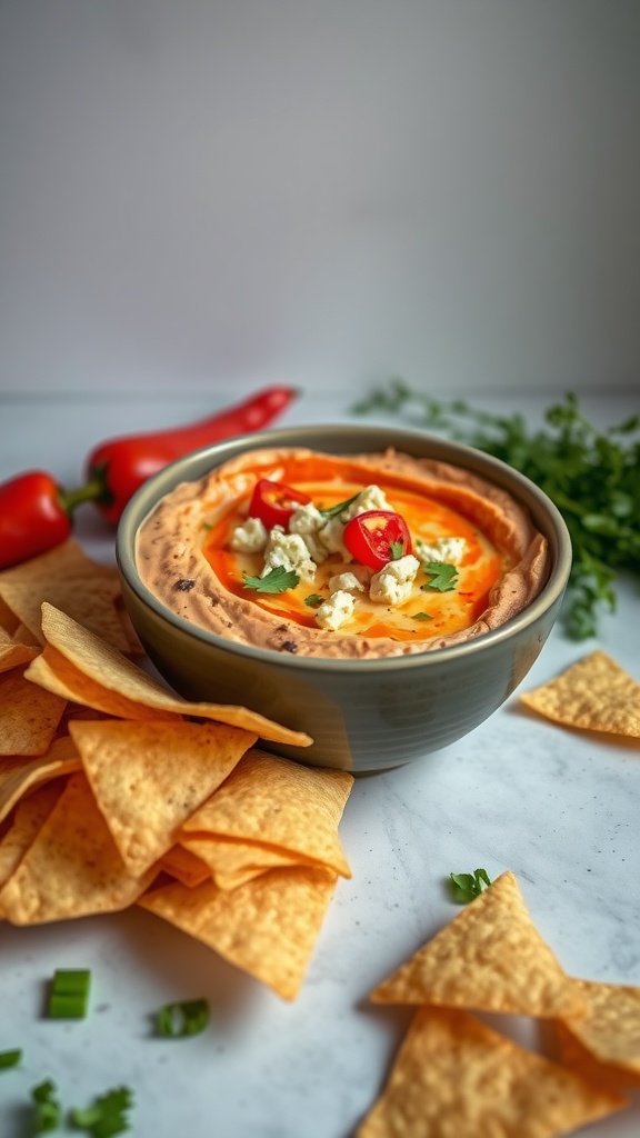 A bowl of roasted red pepper and feta dip topped with tomatoes and cilantro, surrounded by tortilla chips.