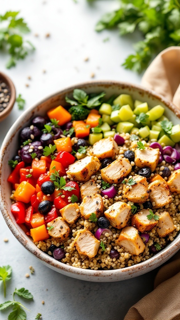 A colorful bowl of roasted vegetables, quinoa, and grilled chicken.