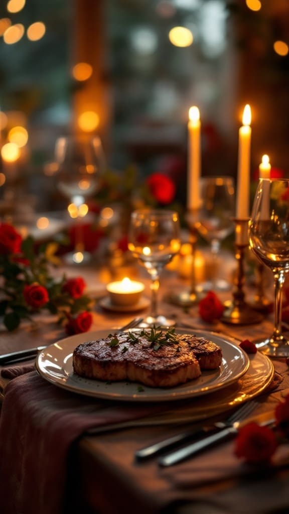 Delicious steak dinner served on a romantic candlelit table